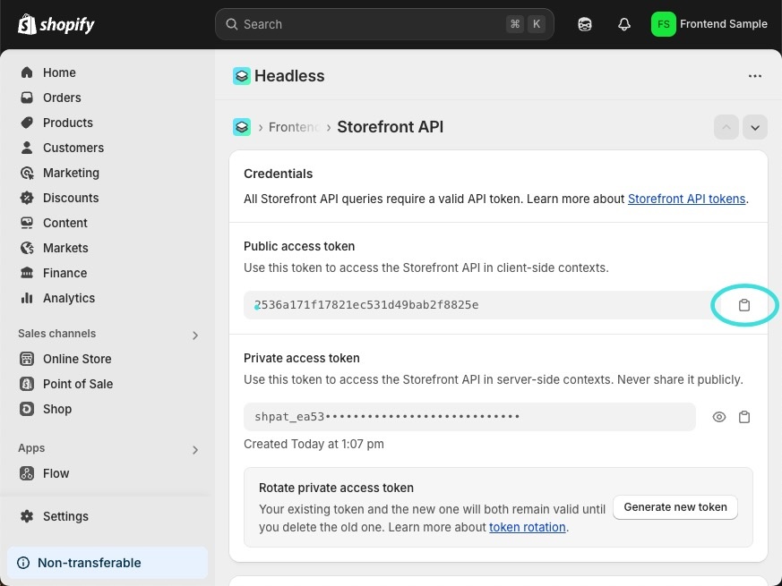 Copy the Storefront API Access Token